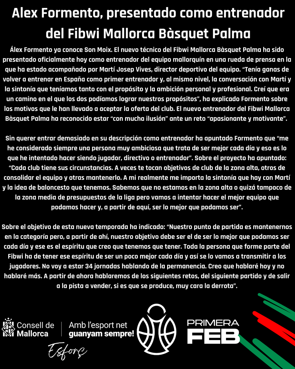 BahiaSanAgustin's tweet photo. 𝐁𝐄𝐍𝐕𝐈𝐍𝐆𝐔𝐓 𝐀́𝐋𝐄𝐗🏀🏀🏀🏀🏀🏀

El nostre nou 'coach' ha estat presentat avui a Son Moix 

Esteim preparant moltes coses noves per a la propera temporada, aquí teníu la roda de premsa al canal de youtube.

📹 https://t.co/6R7Ac2E15H

📸 #Nandotvievvs https://t.co/LhOndApALr