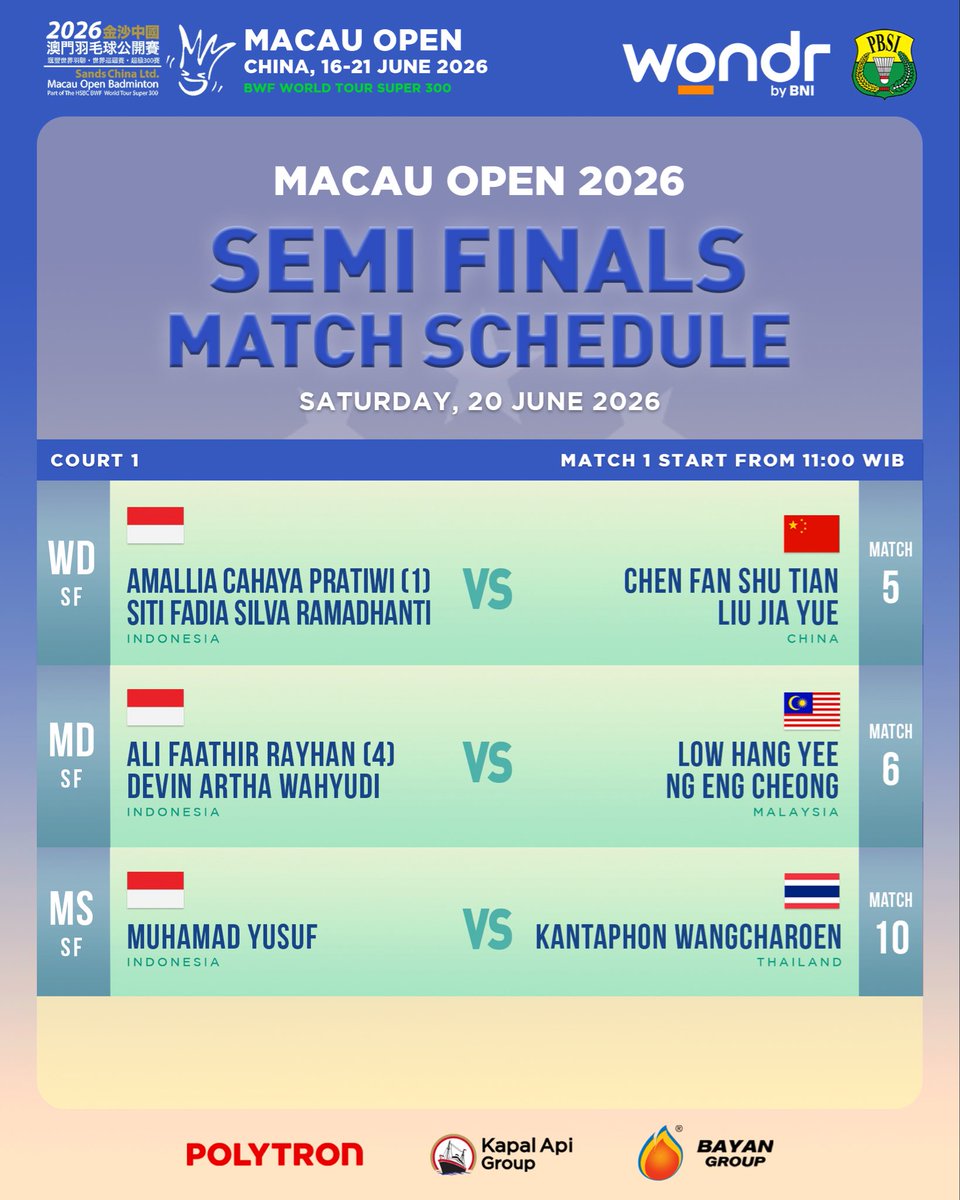 INABadminton's tweet photo. Yusuf, Devin/Faathir dan Fadia/Tiwi kembali berjuang bersama di babak semifinal final Macau Open 2026, Sabtu (20/06).

Pertandingan akan berlangsung mulai pukul 11.00 WIB. Berikut jadwalnya!

YAKIN! Pasti bisa 💪🏼

#BadmintonIndonesia #MacauOpen2026 https://t.co/deH6kQhqYQ