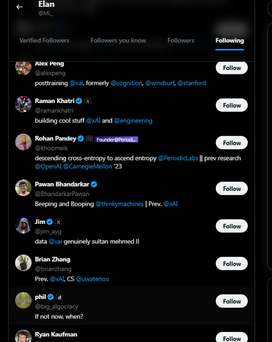 WeazerPF's tweet photo. there is a new Xai account called Elan? It just got the Xai badge is this not kinda crazy

we sent an obv personal account to 3m cuz it had a pepe in the pic and i think this has way better odds than anything else to be something @ml_follows exclusively xAI people (and crypto people ?)