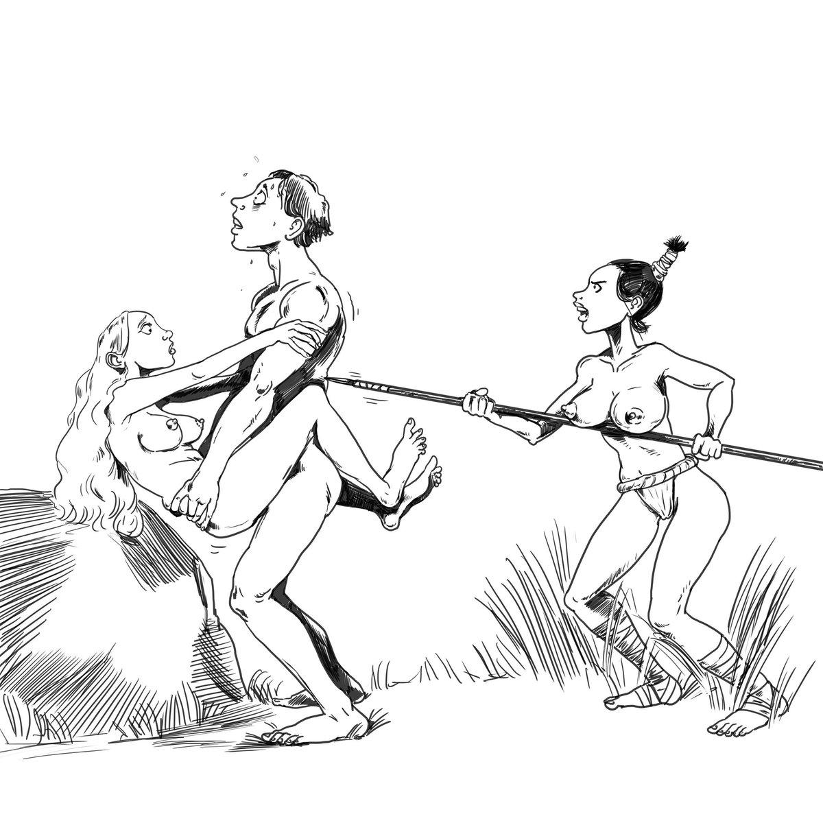 Crestmont69's tweet photo. A Woodstribe woman finds a trespassing couple engaged in an unfamiliar face-to-face method of coupling.  Curious of how this strange positioning could possibly work (and incredibly aroused herself), she doesn't immediately castrate the male. Instead she demands to watch the session to completion before deciding what to do with the pair.