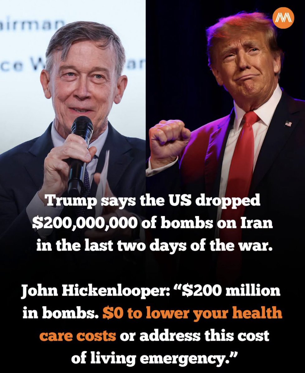 AnnieForTruth's tweet photo. Thank you Sen. John Hickenlooper for calling out the orange 🤡! As Americans struggle to pay for escalating gas, groceries, housing and healthcare, Trump brags about the fact they spent $200,000,000 on bombs used in the last 2 days of the Iran war. This is NOT America First. 😡 https://t.co/2Iqxgz1v9f