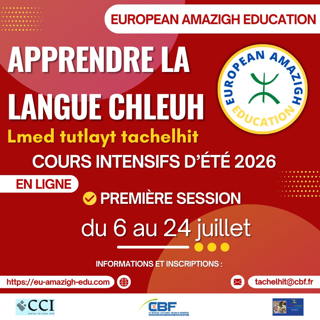 CBFnationale's tweet photo. Rejoignez notre première session des cours intensifs de langue 𝐜𝐡𝐥𝐞𝐮𝐡, entièrement en ligne. Du 𝟲 au 𝟮𝟰 juillet 2026. Informations &amp; inscriptions : tachelhit@cbf.fr  https://t.co/sb2MGgmXJF #tachelhit #chleuh #amazigh #apprentissage #coursenligne #Été2026 #tamazight https://t.co/zqW8QknWS9