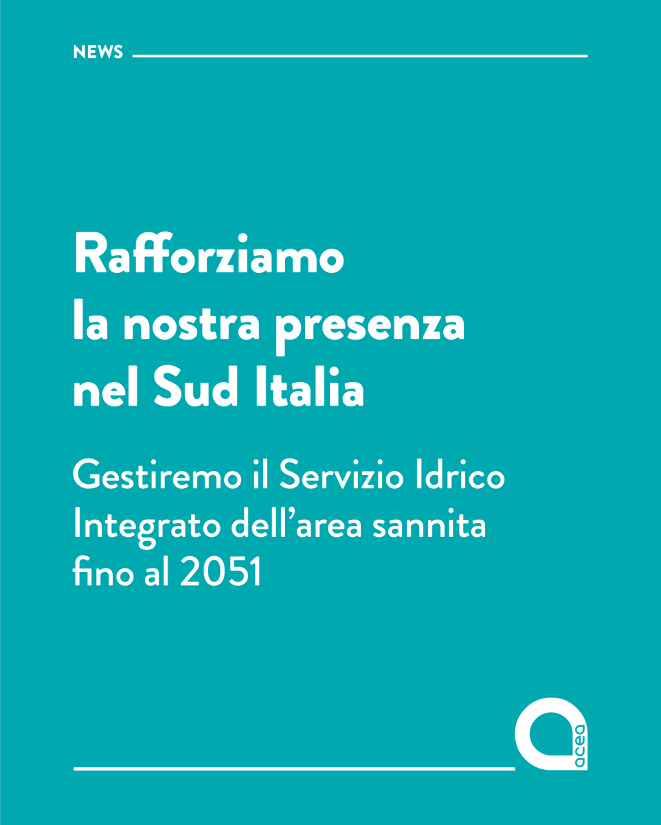 AceaGruppo's tweet photo. Rafforziamo la nostra presenza nel Sud Italia con l’aggiudicazione della gara per la gestione del Servizio Idrico Integrato dell’area sannita.

Attraverso una partnership pubblico-privata, Acea Acqua sarà il socio privato di Sannio Acque, la società che gestirà il servizio fino al 2051 nel territorio che comprende Benevento e altri 77 comuni della provincia, per un totale di 272.000 abitanti serviti.

L’operazione rappresenta un importante passo nel nostro percorso di crescita nel settore idrico e conferma il nostro impegno nello sviluppo e nella gestione efficiente di infrastrutture strategiche per il Paese.

Grazie a competenze industriali, innovazione e investimenti, contribuiremo al miglioramento della qualità del servizio, alla modernizzazione delle infrastrutture e alla valorizzazione di una risorsa essenziale per le comunità e i territori.

Con questa aggiudicazione rafforziamo ulteriormente la nostra presenza in Campania e continuiamo a mettere esperienza, capacità gestionale e visione industriale al servizio dei territori.

Leggi il comunicato stampa: https://t.co/S5YGZdbfvh

#Acea