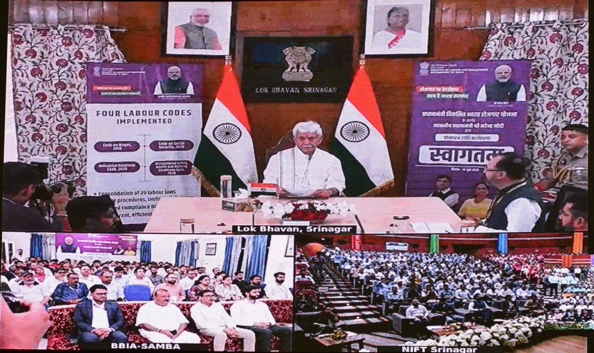 OfficeOfLGJandK's tweet photo. Grateful to Hon’ble PM Shri Narendra Modi Ji for giving a new impetus to job creation, enhancing employability, and expanding social security across the formal sector. Glad to join the PMVBRY event to release incentives to first-time employees and job-creating establishments. https://t.co/ml6nFxrtEV