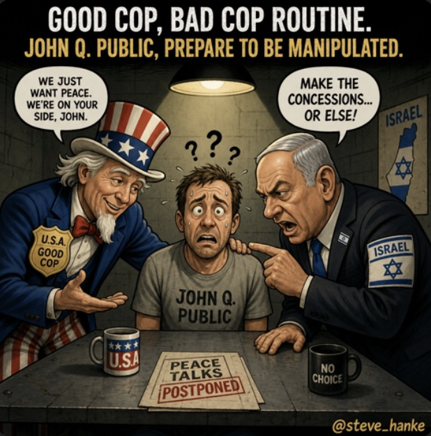 steve_hanke's tweet photo. US-Iran peace talks have been postponed. Prepare for a US-Israeli GOOD COP, BAD COP routine to manipulate the so-called peace process. https://t.co/aRjEJCkgBF