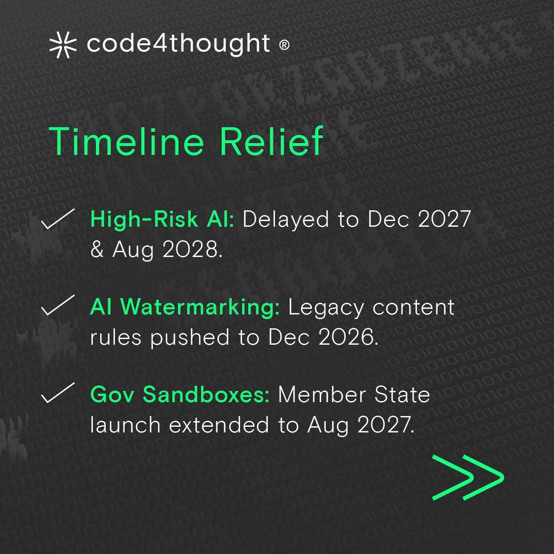Code4thoughtE's tweet photo. 🚨 EU AI Act Update! High-Risk AI delayed to 2027/28. New bans on AI intimate imagery &amp; up to 3% global fines.
Full article: https://t.co/bhMeYP1i3H

#code4thought #euaiact https://t.co/OwF0JgEcdP
