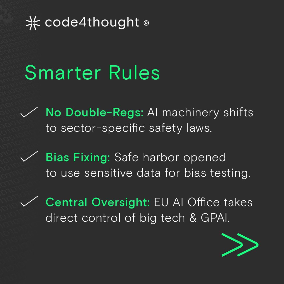Code4thoughtE's tweet photo. 🚨 EU AI Act Update! High-Risk AI delayed to 2027/28. New bans on AI intimate imagery &amp; up to 3% global fines.
Full article: https://t.co/bhMeYP1i3H

#code4thought #euaiact https://t.co/OwF0JgEcdP