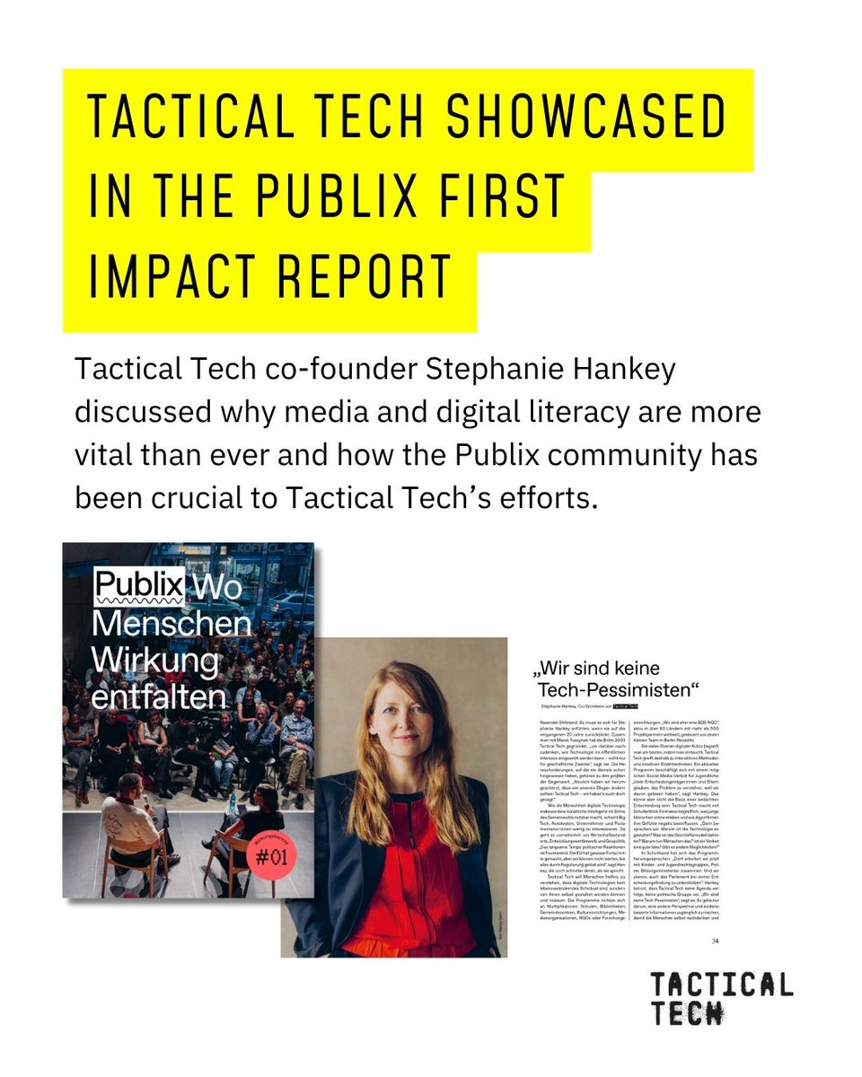 Info_Activism's tweet photo. In 2024, TacticalTech joined Publix, Germany’s first journalism &amp; debate hub with 30+ orgs. They just published their first impact report! Our co-founder, Stephanie Hankey, shared details about why media and digital literacy are more important than ever. https://t.co/K0HaFIcG28 https://t.co/X5VRwSWgie