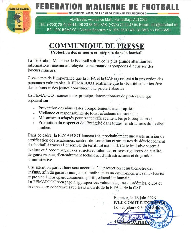 Romain_Molina's tweet photo. Trois jours après mon enquête, la Fédération malienne de football 🇲🇱 annonce le lancement « d'une vaste mission de certification des académies, centres de formation et structures de développement du football à travers l’ensemble du territoire national »

Une attention particulière sera accordée « à la protection et au bien-être des enfants afin de garantir aux jeunes footballeurs un environnement sain, sécurisé et propice à leur épanouissement sportif, éducatif et humain »

La certification des académies étant peut-être l'une des choses les plus importantes pour l'avenir du football africain, c'est une très bonne chose - reste à voir comment la FEMAFOOT compte procéder

Keep the faith !