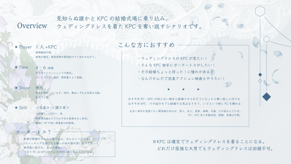 okazono_coc's tweet photo. CoC TRPG
『Fetter Garter』

-

✦ウェディングドレス×ガータートス×略奪✦

次が君なんて聞いてない！

-

ウェディングドレスを着たKPCとガータートスをして、その結婚ちょっと待った！をする泥臭アクション（？）シナリオ。
KPCのドレスは回避不可です。

BOOTHのURLはリプをご確認下さい。 https://t.co/Zp0a6U83b2