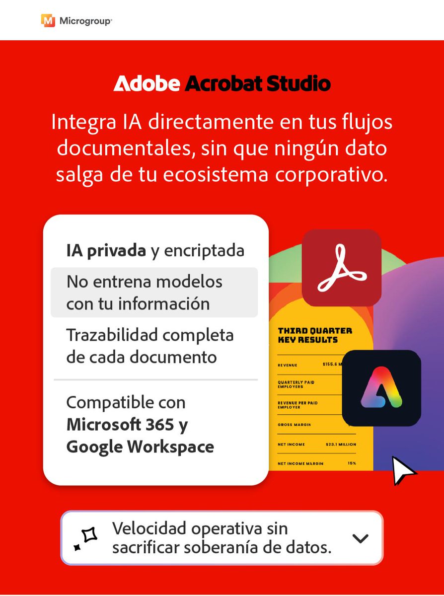 microgroup's tweet photo. Adobe Acrobat Studio integra inteligencia artificial directamente en tus flujos documentales, asegurando que la información permanezca siempre dentro de tu ecosistema corporativo.

Compatible con Microsoft 365 y Google Workspace.

#IAprivada https://t.co/9Y6fyUszhI