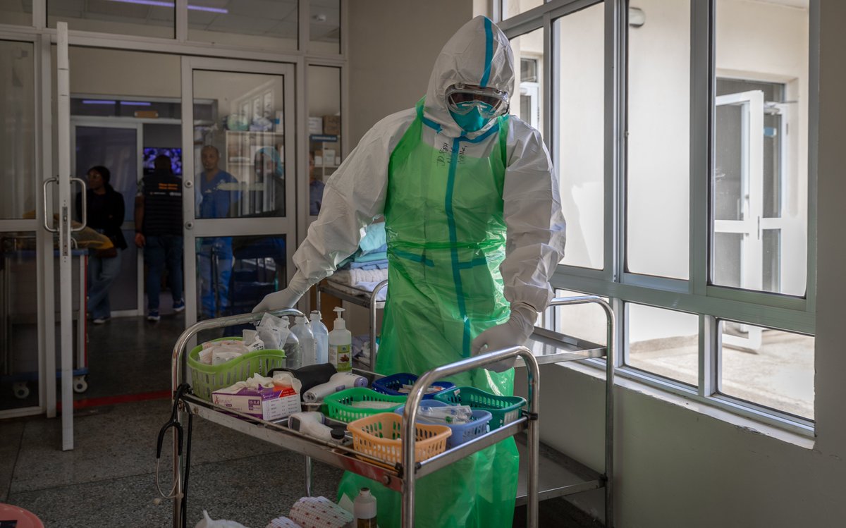 WHOKenya's tweet photo. More than 2,500 healthcare workers across Kenya have now been trained on #Ebola prevention and response. National trainers will cascade these skills to counties and sub-counties, while community health promoters are engaged to spot and report suspected cases early.

That readiness was put into practice in a simulation at the Infectious Diseases Unit, at @KNH_hospital.