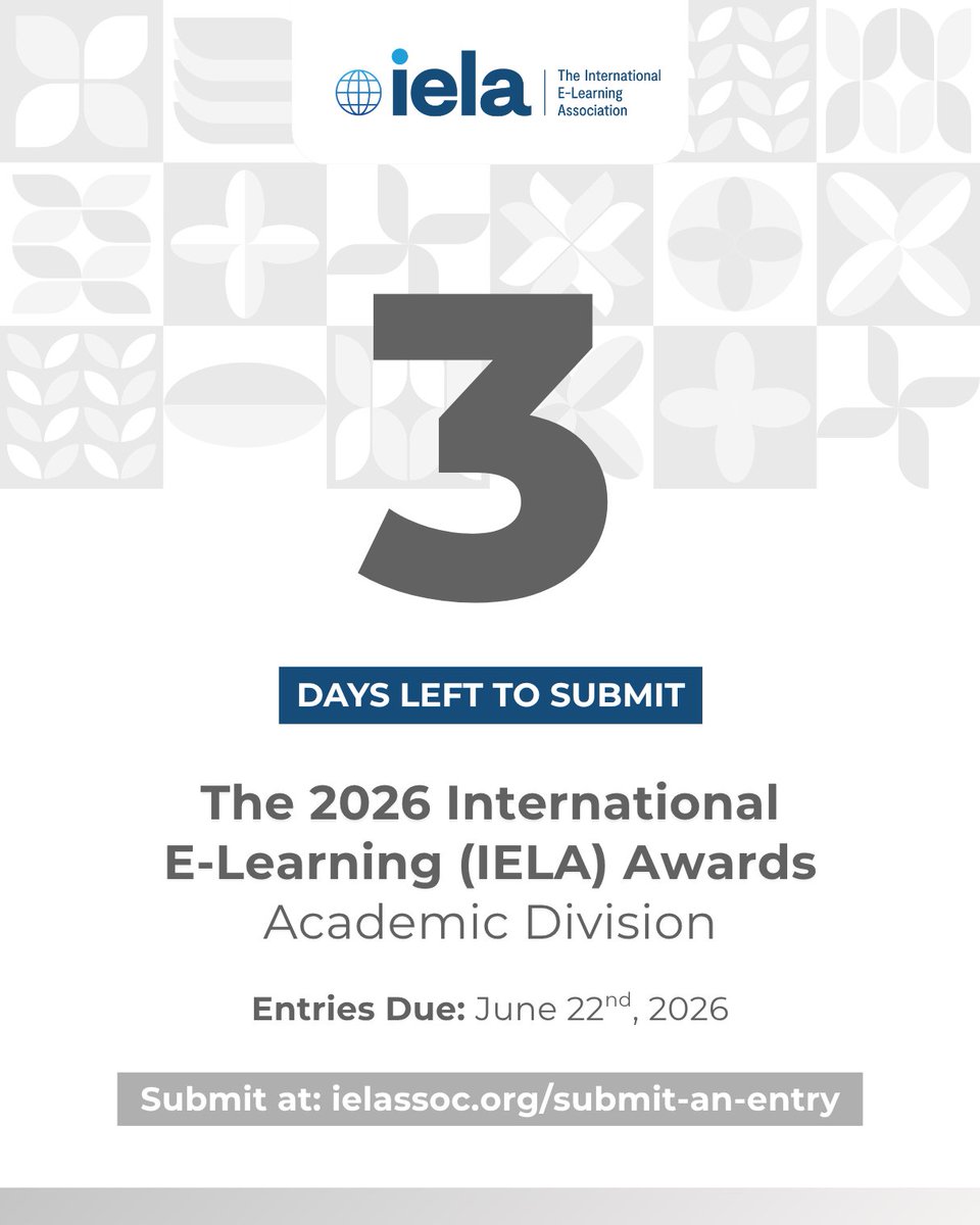learningideasco's tweet photo. 3 DAYS LEFT: Submit your entries for the 2026 International E-Learning Awards - Academic Division by June 22nd, 2026! @ielassoc

Learn more and submit at: https://t.co/aRA5pn6ahc  

#IELA #IELAAwards https://t.co/ZPjDgS53X0