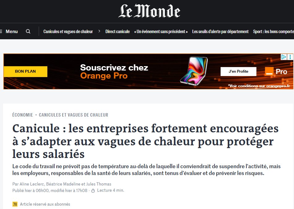 capeb_fr's tweet photo. 🌡️ #Canicule : les artisans du bâtiment ne peuvent plus être les oubliés des épisodes de chaleur extrême.

L'article publié par @lemondefr rappelle une réalité actuelle pour notre secteur : les fortes chaleurs augmentent considérablement les risques sur les chantiers.

🚨Malaises, accidents liés à la fatigue ou au travail en hauteur, difficultés à porter les équipements de protection… les professionnels du bâtiment sont en première ligne.

Les entreprises artisanales adaptent déjà leur organisation : décalage des horaires, pauses renforcées, mise à disposition d'eau fraîche, sensibilisation des équipes… Mais lorsque les températures deviennent extrêmes, ces mesures ne suffisent plus et ont un impact direct sur l'activité des TPE.

C'est pourquoi la CAPEB interpelle les pouvoirs publics afin que les entreprises puissent protéger leurs salariés sans être pénalisées économiquement.

La CAPEB demande :

➡️ des dispositifs permettant de suspendre ou réorganiser les chantiers lorsque les conditions climatiques deviennent dangereuses ;

➡️ une meilleure prise en compte des conséquences économiques de ces interruptions pour les entreprises artisanales ;

➡️ un accompagnement pour investir dans des équipements et des solutions d'adaptation face au changement climatique.

La protection de la santé des salariés est une priorité. Mais cette adaptation ne peut pas reposer uniquement sur les entreprises : elle nécessite des réponses concrètes et un engagement des pouvoirs publics à la hauteur des défis climatiques.

A lire : https://t.co/IpMXzqqWv4

#CAPEB #artisanatdubatiment #canicule #santéautravail #Prévention