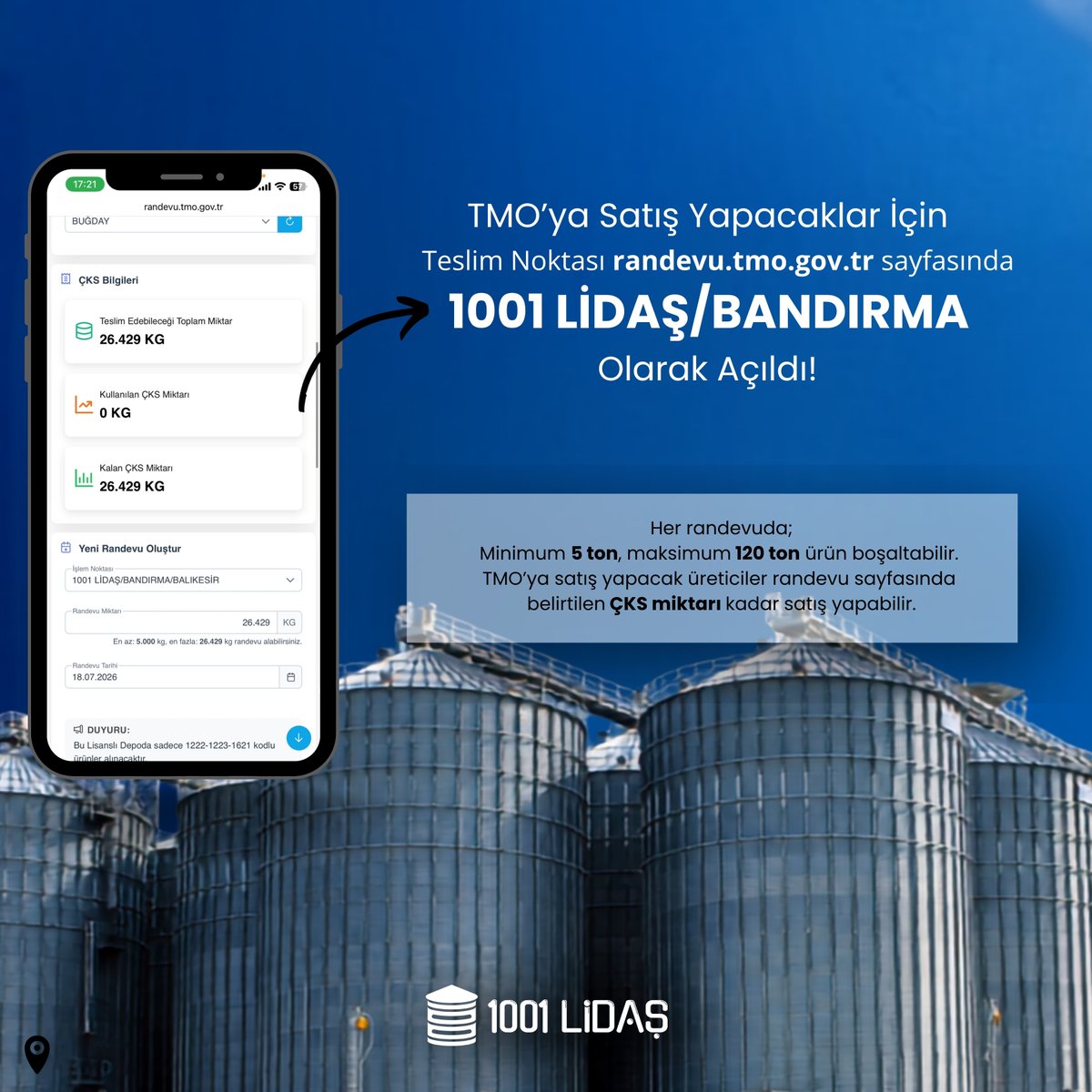 lidas1001's tweet photo. TMO randevu sisteminde teslim noktasını 1001 LİDAŞ / Bandırma olarak seçip, randevunuzu alabilirsiniz.

📱 +90 555 086 10 01

📩 info@1001lidas.com.tr

🌐 https://t.co/uMWrkj0zLp

#1001lidaş #lisanslıdepoculuk #lisanslıdepo #bandırma #balıkesir #marmara #depoculuk #buğday #elüs https://t.co/lEbqeBee6G