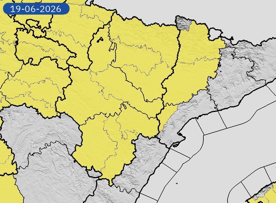 AEMET_Aragon's tweet photo. 19/06 16:24 AVISOS HOY Y MAÑANA | Aragón: tormentas y temperaturas máximas. Nivel máximo de aviso: naranja.
Actualizaciones en https://t.co/sf5juYJUjT https://t.co/VhndkPJmqG