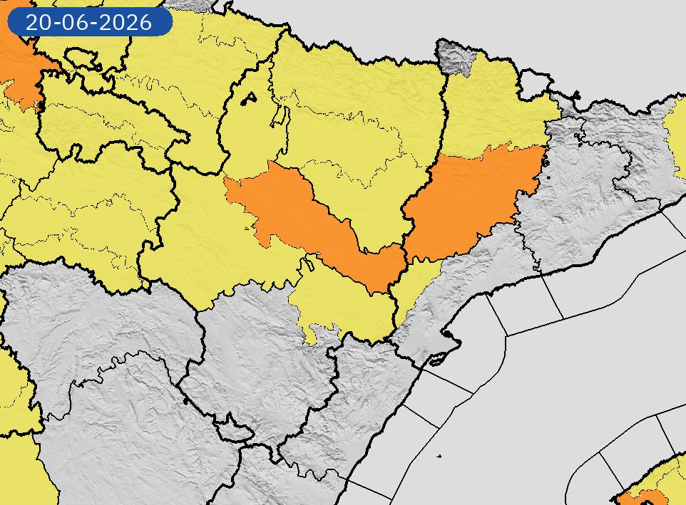 AEMET_Aragon's tweet photo. 19/06 16:24 AVISOS HOY Y MAÑANA | Aragón: tormentas y temperaturas máximas. Nivel máximo de aviso: naranja.
Actualizaciones en https://t.co/sf5juYJUjT https://t.co/VhndkPJmqG