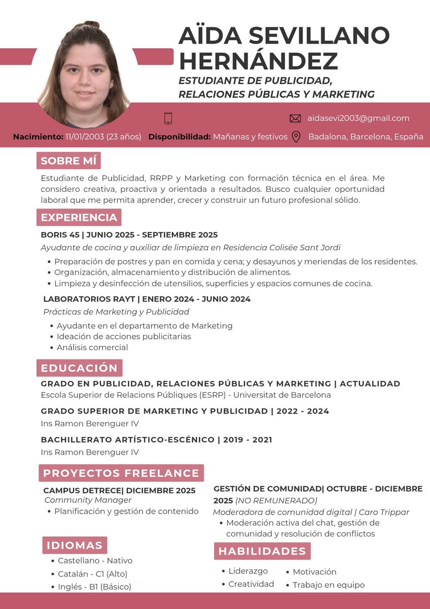 TheOriginalAida's tweet photo. 📢 Busco trabajo en Barcelona.

Estudio Publicidad, RRPP y Marketing, tengo experiencia en marketing y gestión de comunidades, y estoy abierta a cualquier oportunidad para seguir aprendiendo y creciendo.

¡Se agradece difusión! 🙌

#OpenToWork https://t.co/gz25Vf7p0H