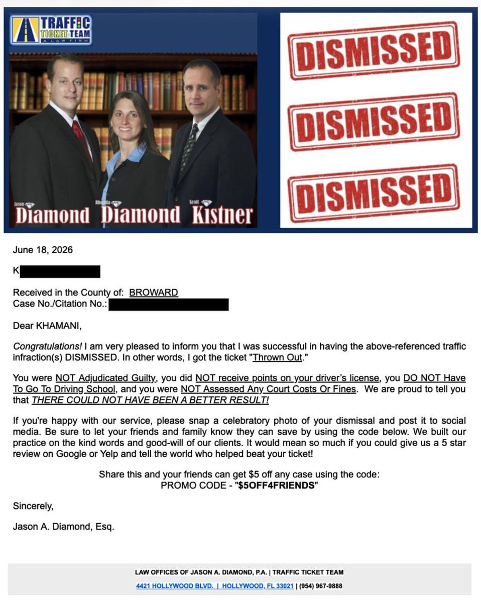 1ticketteam's tweet photo. 🎉 Another happy client — CASE DISMISSED!
Hard work pays off when you have the right team fighting for you.
If you’ve been cited or charged, don’t wait — let us help you get results.
🗨️📞Call/text (954)417-1657
#CaseDismissed #TrafficTicketTeam #LegalVictory #HappyClient 🚦 https://t.co/38zdjrgpQT