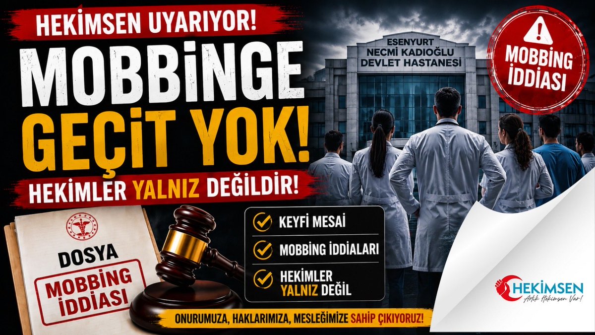 hekimsen's tweet photo. Esenyurt Necmi Kadıoğlu Devlet Hastanesi’nde görev yapan hekimlerimize yönelik uygulanan keyfi mesai dayatmaları, mobbing, tehdit dili ve meslek onurunu zedeleyen yaklaşımlar kabul edilemez!
​Sendikamıza ulaşan ciddi iddialara göre, hastane yönetimi tarafından hekimlerimize yönelik sarf edildiği öne sürülen; “Bundan sonra sürünün de görün”, “Bu hastanedeki doktorların %90’ından nefret ediyorum” gibi ifadeler yalnızca nezaketsizlik değil, çalışma barışına, hekimlik onuruna ve kamu hizmeti ciddiyetine açık bir saldırıdır.

​📌 Kamuoyuna ve Yetkililere Duyurumuzdur:
​Hastaneler Şahsi İktidar Alanı Değildir: Kamu görevi keyfilikle, öfkeyle ve baskıyla yönetilemez. Mobbingin olduğu bir ortamda hasta güvenliği sağlanamaz.

​Bakanlığa ve İl Sağlık Müdürlüğü'ne Çağrı: İstanbul İl Sağlık Müdürlüğü ve Sağlık Bakanlığı, bu yönetim anlayışı hakkında derhal idari inceleme başlatmalıdır.

Diğer taraftan İstanbul Tabip Odasını da hekimlere yapılan onursuz yaklaşımlarından ötürü Esenyurt Necmi Kadıoğlu Devlet Hastanesi Başhekimi hakkında disiplin soruşturması yapmaya davet ediyoruz. 

​Meşru Haklarımızı Kullanacağız: Gerekli adımların atılmaması halinde; iş bırakma dahil demokratik/sendikal haklarımızı kullanacağımızı ve sorumlular hakkında Cumhuriyet Başsavcılığı’na suç duyurusunda bulunacağımızı ilan ediyoruz!
​Hekimlerin meslek onurunu zedeleyen, dinlenme hakkını yok sayan hiçbir uygulamaya sessiz kalmayacağız. Hekimler yalnız değildir!
​
​#HekimeMobbingeHayır 
#AngaryayaHayır 
#HekimlerYalnızDeğildir #EsenyurtDevletHastanesi 
#SağlıkBakanlığı