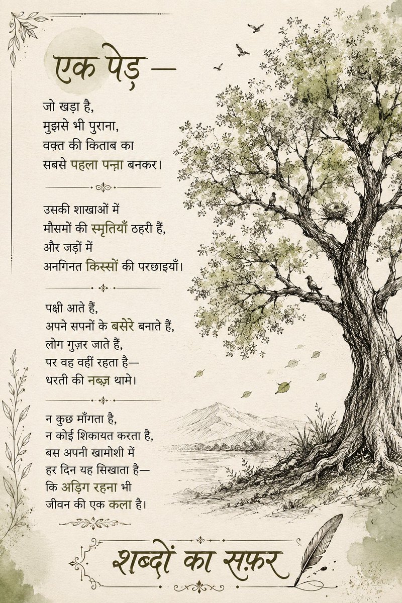Sabdo_ka_safar's tweet photo. एक पेड़ —
जो खड़ा है
मुझसे भी पुराना,
वक़्त की किताब का
सबसे पहला पन्ना बनकर।
उसकी शाखाओं में
मौसमों की स्मृतियाँ ठहरी हैं
और जड़ों में
अनगिनत किस्सों की परछाइयाँ।
पक्षी आते हैं
अपने सपनों के बसेरे बनाते हैं,
लोग गुज़र जाते हैं
पर वह वहीं रहता है
धरती की नब्ज़ थामे।
#छोटा_दरवाज़ा https://t.co/thVcmJZFsJ