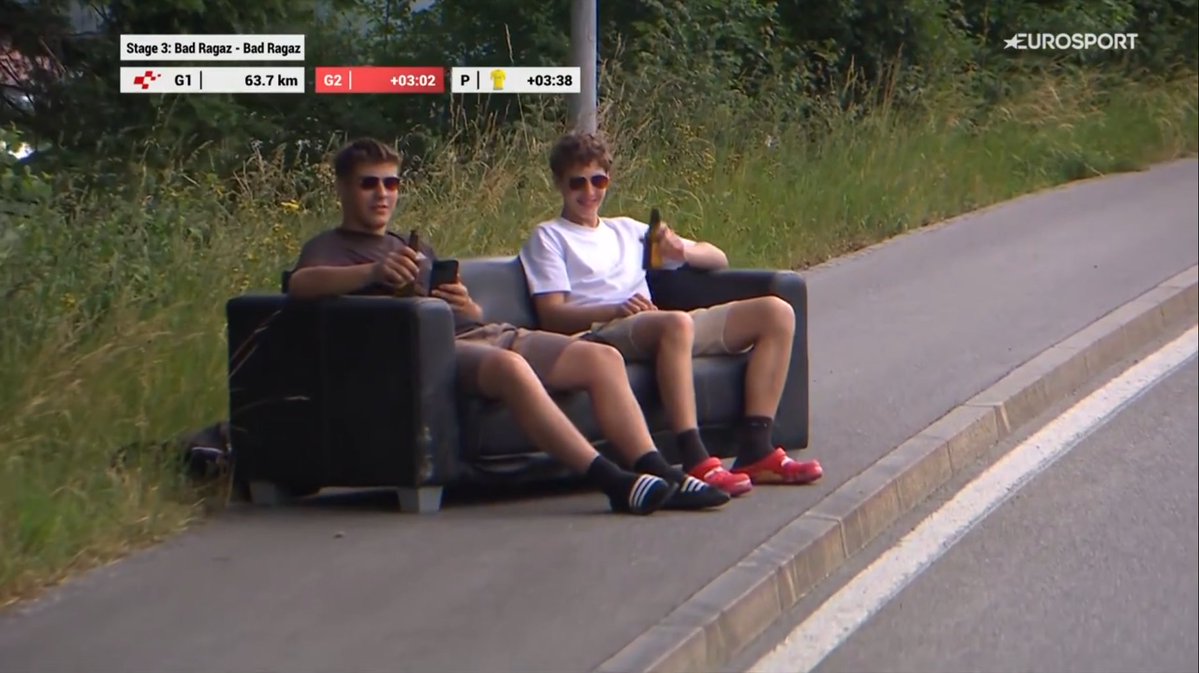 laflammerouge16's tweet photo. When #TourdeSuisse passes near your house but you want to sit. https://t.co/h6Agv40x8v