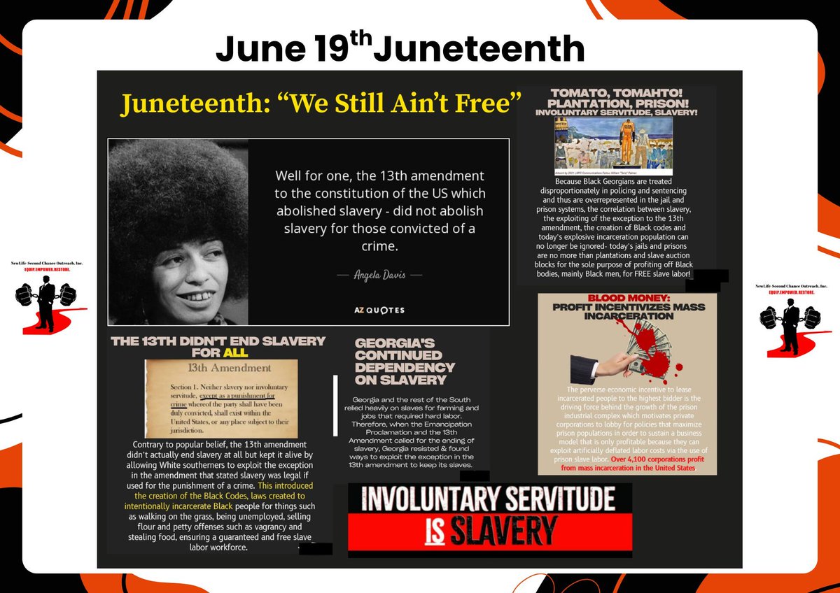 NLSecondChance's tweet photo. Just a reminder, and yes we approve this message,......WE STILL AIN'T FREE! As you celebrate "freedom from slavery" on today, remember that black voices are being suppressed and denied at the polls &amp; almost 500k Georgians are subjected to slavery via mass incarceartion! https://t.co/FF0ZkHsUKE