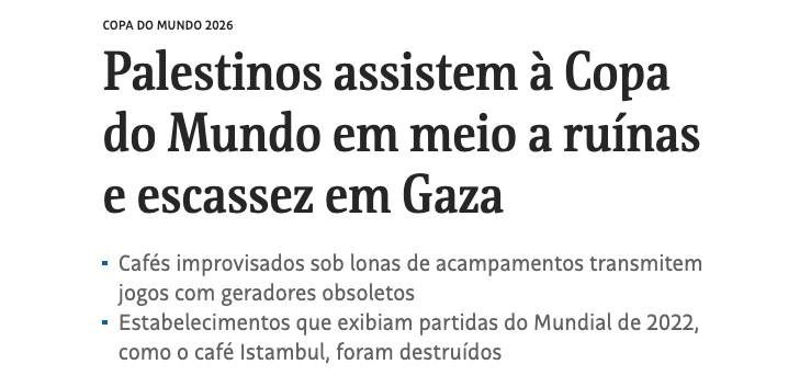 paulo__junior__'s tweet photo. Reportagem da AFP, traduzida na Folha, hoje. Se tem seleção brasileira em campo, tem torcedor do Brasil espalhado pelo mundo, e a Palestina é o mundo, mesmo sem certeza de assistir ao jogo. A Copa poderia ser um tempo de alegria em Gaza, mas virou saudade. https://t.co/36fkl5PvnS