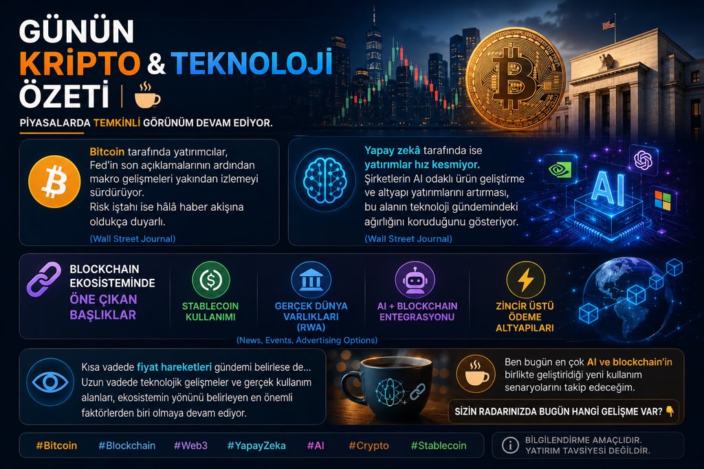 CyrptosSherlock's tweet photo. 📰 Günün Kripto & Teknoloji Özeti | ☕👇

🌍 Piyasalarda bugün temkinli görünüm devam ediyor.

₿ Bitcoin tarafında yatırımcılar, Fed’in son açıklamalarının ardından makro gelişmeleri yakından izlemeyi sürdürüyor. Risk iştahı ise hâlâ haber akışına oldukça duyarlı. (Wall Street Journal)

🤖 Yapay zekâ tarafında ise yatırımlar hız kesmiyor.

Şirketlerin AI odaklı ürün geliştirme ve altyapı yatırımlarını artırması, bu alanın teknoloji gündemindeki ağırlığını koruduğunu gösteriyor. (Wall Street Journal)

🔗 Blockchain ekosisteminde ise öne çıkan başlıklar;

🪙 Stablecoin kullanımı,

🏦 Gerçek Dünya Varlıkları (RWA),

🤖 AI + Blockchain entegrasyonu,

⚡ Zincir üstü ödeme altyapıları

olmaya devam ediyor. (News, Events, Advertising Options)

👀 Kısa vadede fiyat hareketleri gündemi belirlese de…

Uzun vadede teknolojik gelişmeler ve gerçek kullanım alanları, ekosistemin yönünü belirleyen en önemli faktörlerden biri olmaya devam ediyor.

☕ Ben bugün en çok AI ve blockchain’in birlikte geliştirdiği yeni kullanım senaryolarını takip edeceğim.

Sizin radarınızda bugün hangi gelişme var? 👇

#Bitcoin #Blockchain #Web3 #YapayZeka #AI #Crypto #Stablecoin

📌 Bilgilendirme amaçlıdır. Yatırım tavsiyesi değildir.