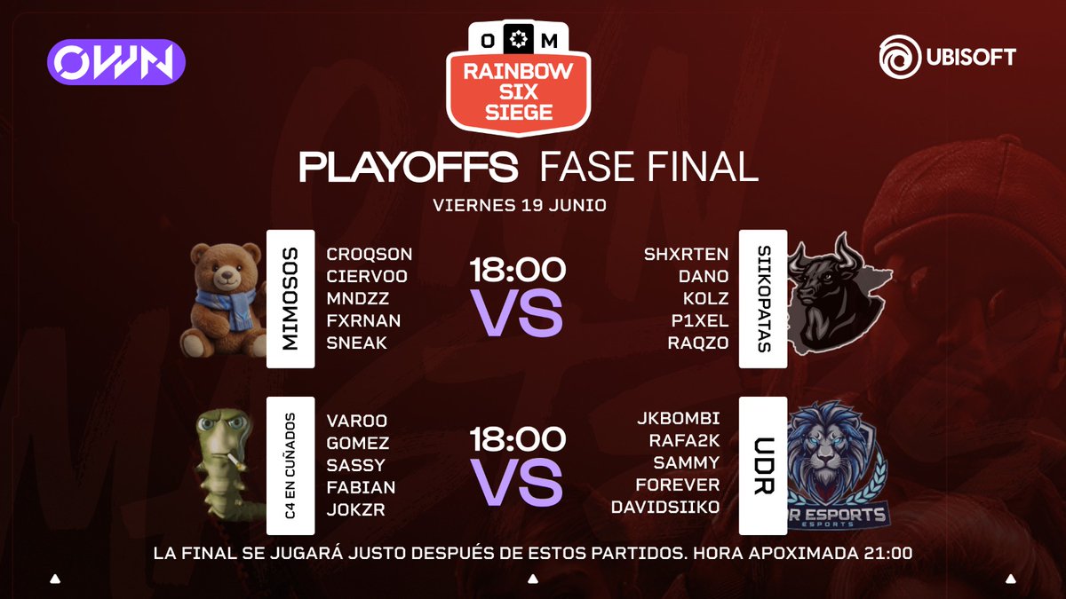 Rainbow6ES's tweet photo. ¡HOY! Playoffs de OWN Masters: Rainbow Six Siege  💥 

⏰ 18:00h – Semifinales: MIMOSOS vs. SIIKOPATAS 
C4 EN CUÑADOS vs. UDR  

La final se jugará justo después.

No te lo pierdas: 
▶️ https://t.co/ubNbfoJg6D con @Vetel_GG 😎 https://t.co/hpE3RkgSGI