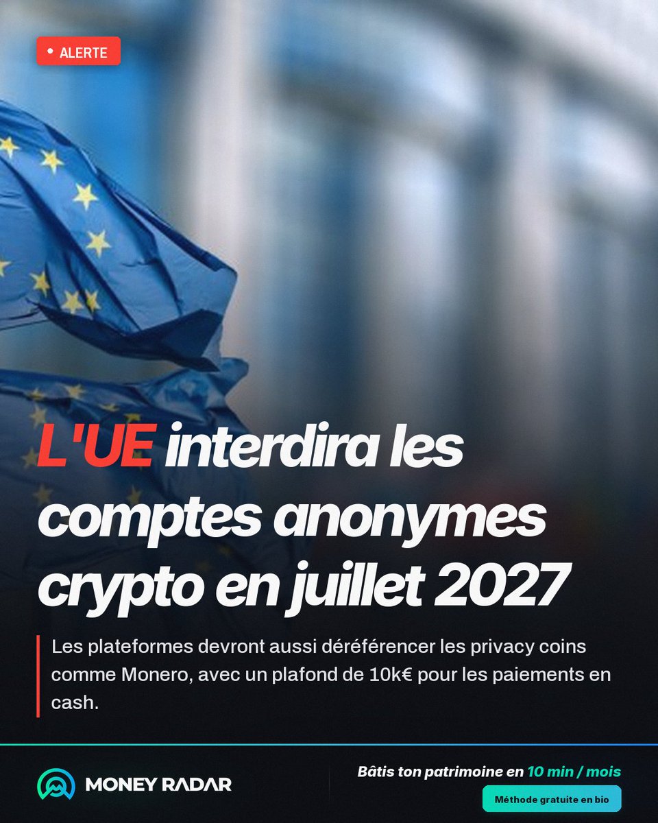 MRadarCrypto's tweet photo. Bruxelles vient de dater l'exécution de vos libertés individuelles : juillet 2027.

La nouvelle réglementation AML n'est pas une simple mise à jour, c'est un protocole de surveillance absolue.

Le couperet tombe pour tout le monde :

-Interdiction stricte des paiements en espèces au-dessus de 10 000 €.
-Bannissement total et définitif de tous les comptes crypto anonymes.
-Obligation légale pour les plateformes de délister les Privacy Coins (Monero, Zcash).

L'Europe est en train de transformer le continent en une prison financière à ciel ouvert où chaque centime devra être validé par un bureaucrate.