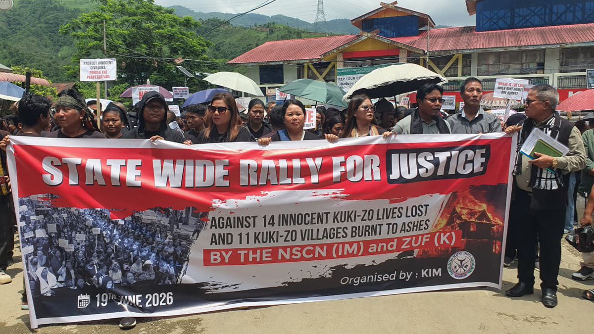 minlal_hk09's tweet photo. Thousands joined today’s statewide Rally for Justice across Kuki-Zo areas, demanding justice for the 14 Kuki-Zo victims killed by NSCN-IM and ZUF-K. The message was clear: Stop burning Kuki-Zo villages. Protect innocent civilians.Deliver justice. @HMOIndia @PMOIndia https://t.co/oWpmCPZCzx