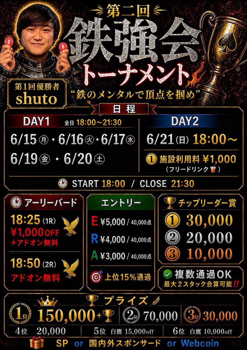 pokerspot_White's tweet photo. 🔥【鉄強会 トーナメント】🔥
“鉄のメンタルで頂点を掴め”

⸻

📅 DAY1（全日18:00〜21:30）
6/15(月)・6/16(火)・6/17(水)
6/19(金)・6/20(土)

📅 DAY2
6/21(日) 18:00〜

💰施設利用料 ¥1,000（フリードリンク🥤）

⏰ START 18:00 / CLOSE 21:30

⸻

🎁アーリーバード
18:25（1R） 👉 ¥1,000OFF + アドオン無料
18:50（2R） 👉 アドオン無料

⸻

💸エントリー
E ¥5,000 / 40,000点
R ¥4,000 / 40,000点
A ¥3,000 / 40,000点

🎯上位15%通過

🏅チップリーダー賞
🥇30,000
🥈20,000
🥉10,000

✅複数通過OK
👉最大2スタック合算可能‼️

⸻

🏆プライズ
🥇150,000 + 🏆
🥈70,000
🥉30,000
4位 20,000
5位 白鷹15,000off
6位 白鷹10,000off

🎁SP or 国内外スポンサード or Webcoin