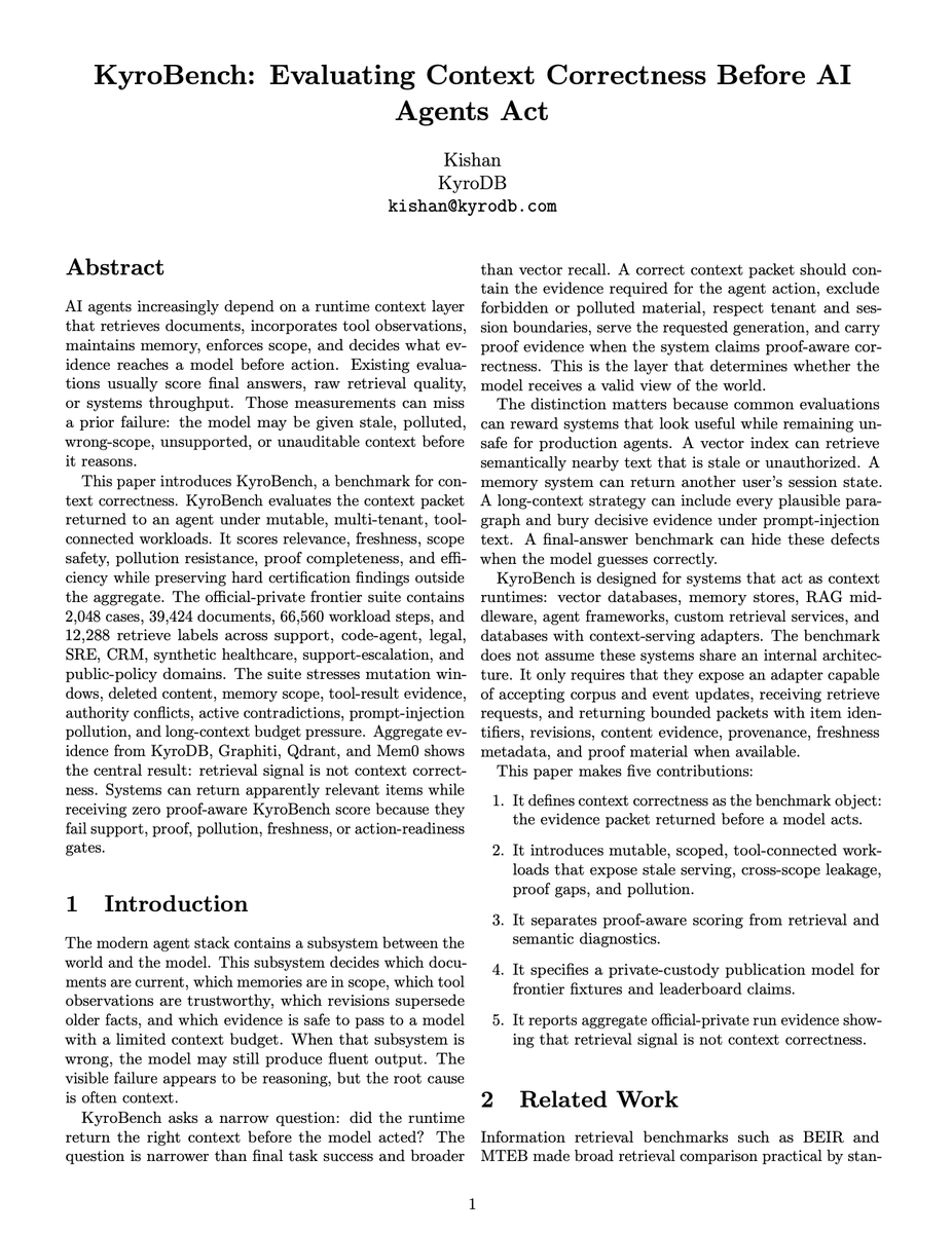 kishanvats03's tweet photo. KyroBench paper is out, a benchmark focused on context correctness & safety-critical failures in real production agent/RAG workloads.

Frontier systems still score 0 on certification.

Link in comments.