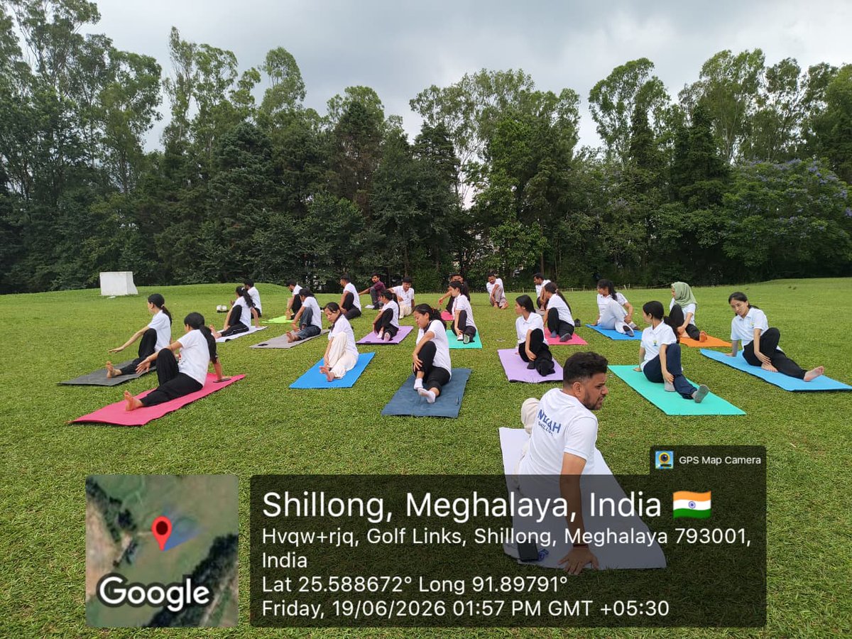 NSSNEIAHSHILLOG's tweet photo. Awareness lecture and Common Yoga Protocol was conducted at Gold Course, Shillong, Meghalaya on occassion of International Yoga Day 2026 on 19/06/2026, NSS Unit volunteered #IDY2026 @moayush @YASMinistry @CellNehu @nss_rdguwahati @_NSSIndia #NCH https://t.co/x0osBfZtsZ