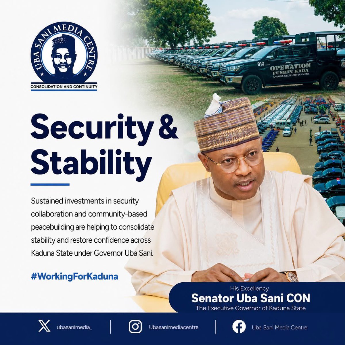 LimanTurawa's tweet photo. Security and stability remain at the heart of Governor Senator @ubasanius’s agenda, with sustained investments in security collaboration and peacebuilding restoring confidence and consolidating peace across Kaduna State.

#WorkingForKaduna https://t.co/CTTtNmrcSc