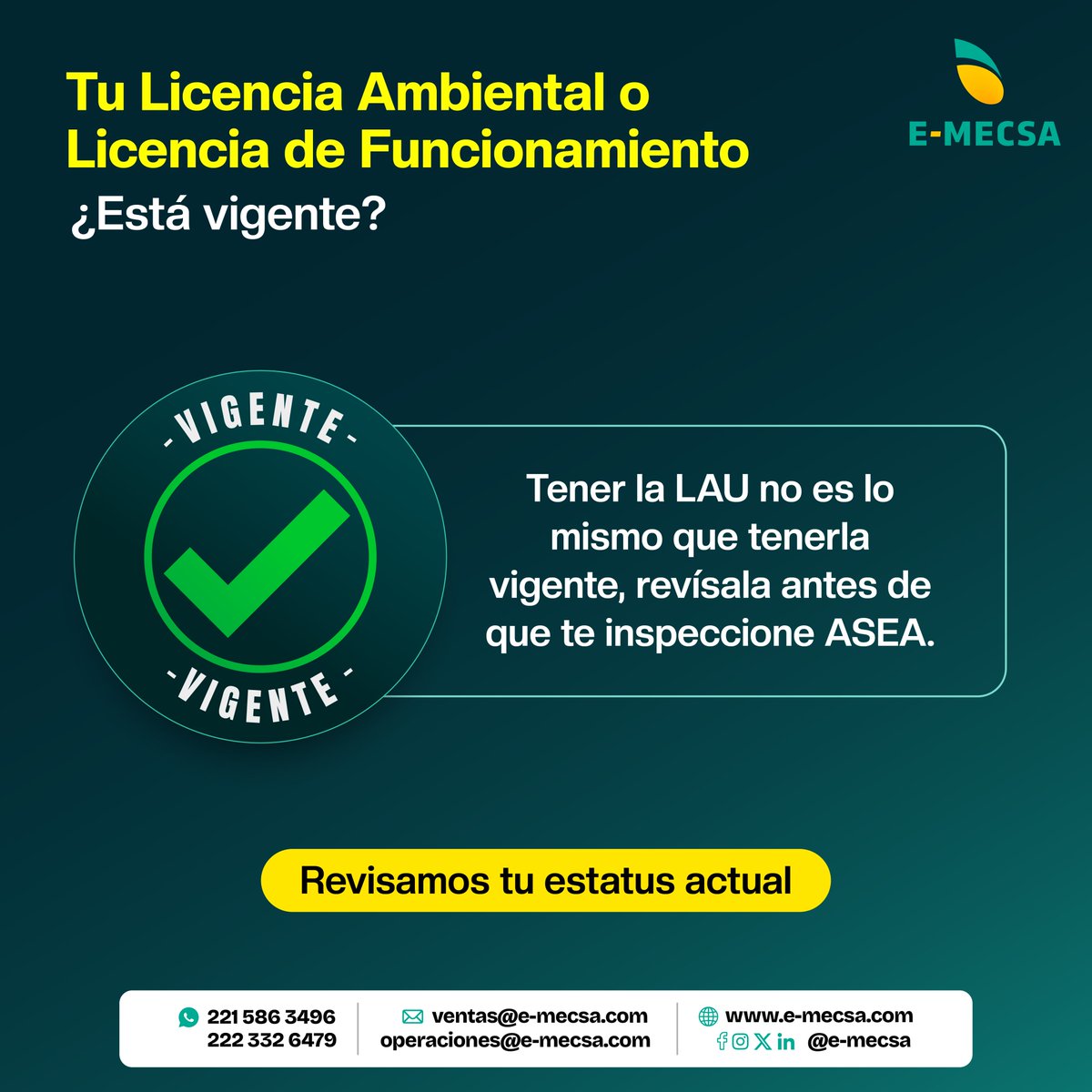 e_mecsa's tweet photo. Tener LAU no es lo mismo que tenerla vigente.
ASEA está verificando licencias en campo. Mantenerla al día (incluida la COA) es obligatorio.

¿Estás seguro de que la tuya está en regla?
En E-MECSA revisamos tu licencia, te decimos qué procede y lo gestionamos ante ASEA. https://t.co/NpL9pMdWuK