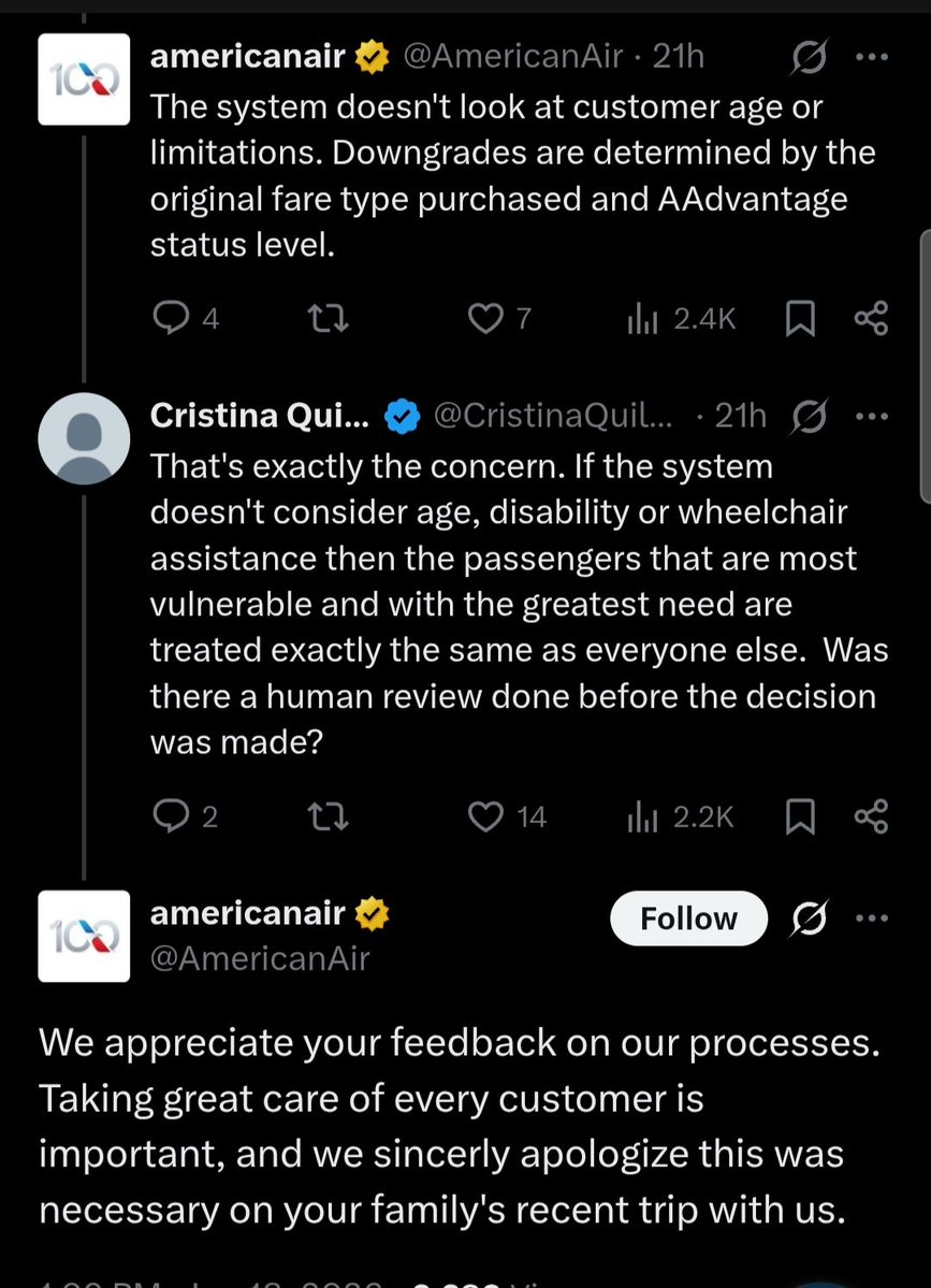 1under4's tweet photo. This screenshot encapsulates everything wrong with the Government and Big Untouchable Corporations. We are cattle and "systems" decide everything with zero humanity. And the answer, from the system,  is always the same: "we always strive to take care of our customers but too bad you got screwed over. Sorry (but not really)" @AmericanAir