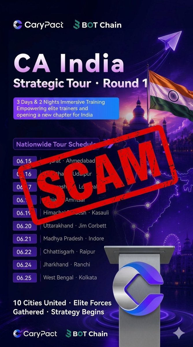 cryptonikhilFx's tweet photo. ⚠️ Serious Warning for People in India
Johnsn Zhao and the CaryPact / BOT Chain team are aggressively promoting their project across India through Zoom meetings, city events, and heavy marketing.
In my opinion, this project shows several warning

#PonziAlert #CaryPact  #IndiaBew https://t.co/tWe1wDOkbS