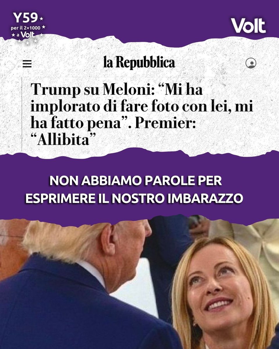 VoltItalia's tweet photo. Le parole di Donald Trump contro Giorgia Meloni mostrano il prezzo della nostra dipendenza dagli Stati Uniti d’America: nessun rispetto, solo subordinazione.
L’Italia sarà davvero sovrana solo dentro un’Unione Europea Federale, autonoma e capace di parlare a Washington alla pari. https://t.co/MEudRiBRL6