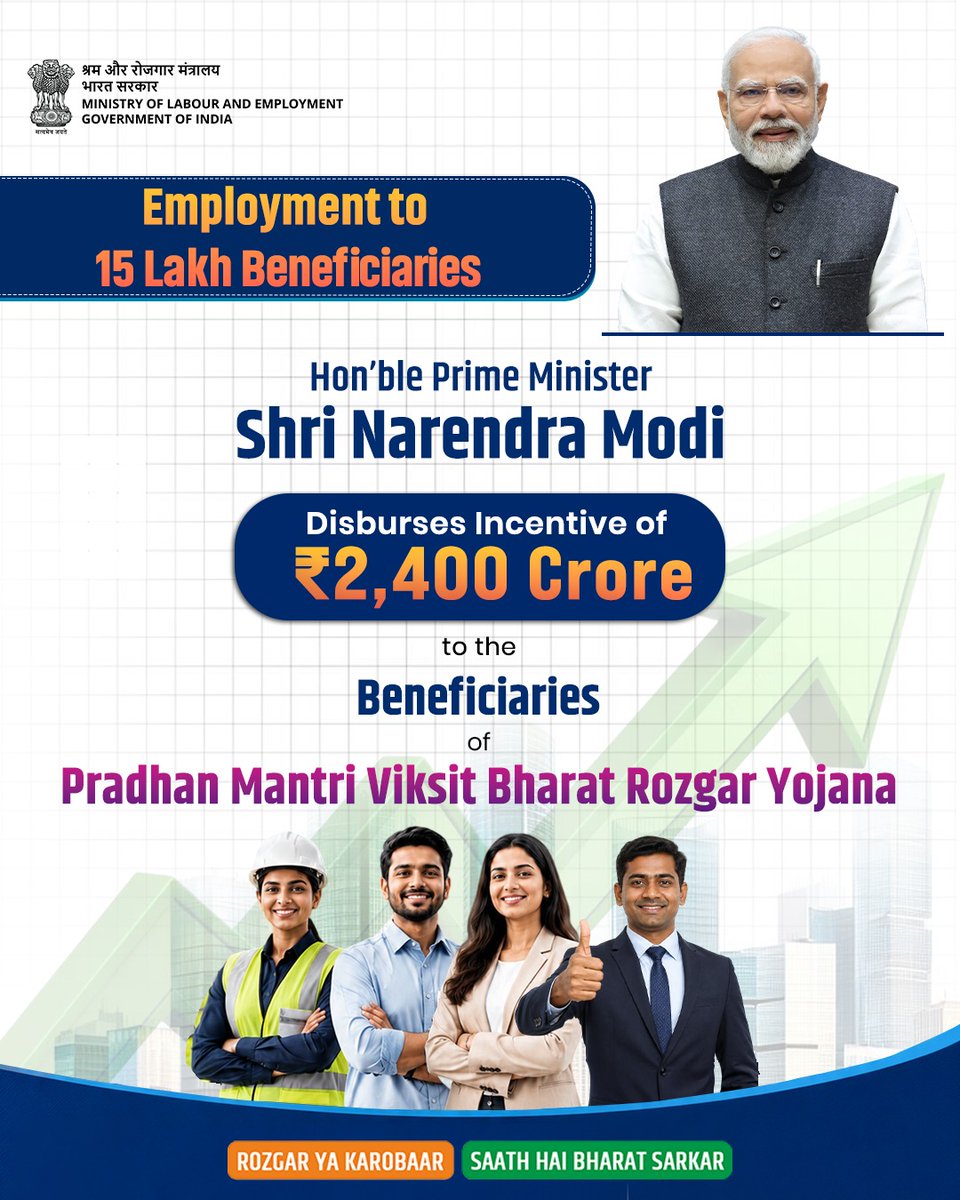 DGMS1902's tweet photo. Hon'ble Prime Minister Shri Narendra Modi disbursed incentives worth ₹2,400 crore to the beneficiaries of the Pradhan Mantri Viksit Bharat Rozgar Yojana.

To know more about the scheme visit:🔗https://t.co/CxeEEXAPLD

#PMViksitBharatRozgarYojana https://t.co/2qiXGAAhsa