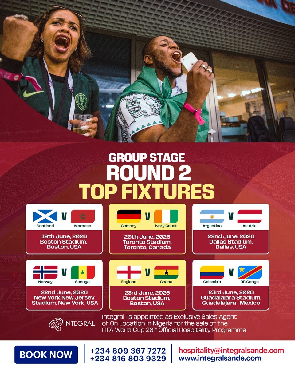 Integral_sande's tweet photo. Top matches at FIFA World Cup 2026™ have been spectacular!

Book your spot at any of these matches in the next round to enjoy premium showcase on the biggest stage. Official Hospitality Packages guarantee that your matchday is elevated, with the best seats in the house alongside other perks that make for an unforgettable experience.

Send a DM to book right away.