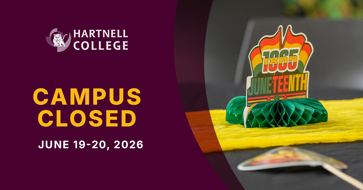 HartnellCollege's tweet photo. All Hartnell Community College District locations will be closed Friday, June 19, 2026 and Saturday, June 20, 2026 in observance of Juneteenth.

Operations will resume as normal on Monday, June 22, 2026. https://t.co/zXfRjCdjRE