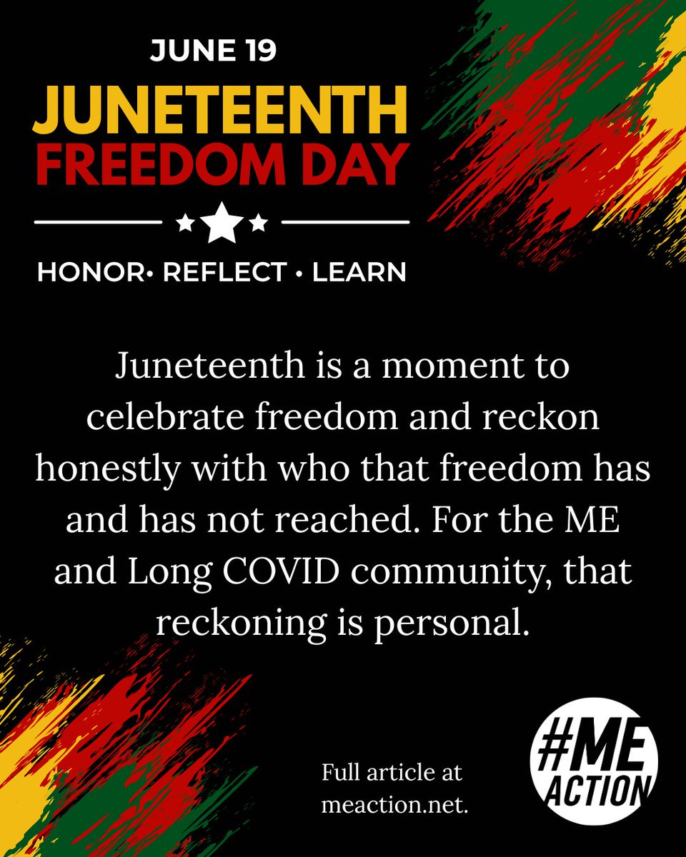 MEActNet's tweet photo. Juneteenth is a moment to celebrate freedom and reckon honestly with who that freedom has and has not reached. For the ME and Long COVID community, that reckoning is personal.
Full article: https://t.co/wnuQ5L8SvT

#Juneteenth #pwME #pwLC #Disability #Medicaid https://t.co/XSGMclBAqY