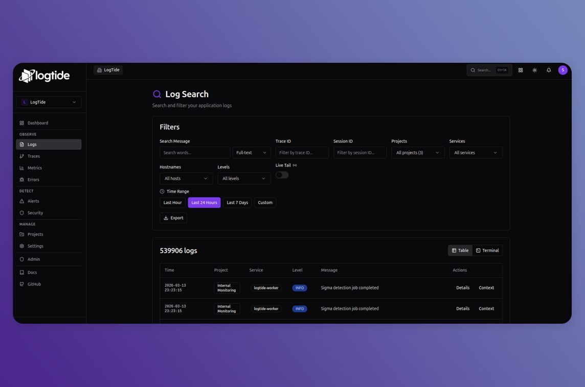 MadeWithSvelte's tweet photo. The open-source, self-hosted log management platform @logtide_dev shows you logs, traces, and metrics in a dashboard made with Svelte 📊 - https://t.co/HYVpHBc5X9 https://t.co/h5bPqROoXk