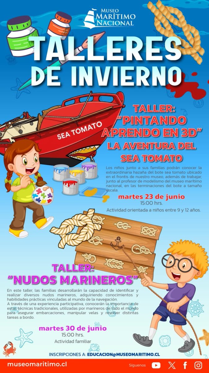 Armada_Chile's tweet photo. ¡Estas vacaciones de invierno el Museo Marítimo Nacional te espera con sus entretenidos talleres!

Inscripciones: educacion@museomaritimo.cl 👈

¡No te los pierdas!

#ArmadaPorChile @museomaritimocl https://t.co/caR3RVmUJN
