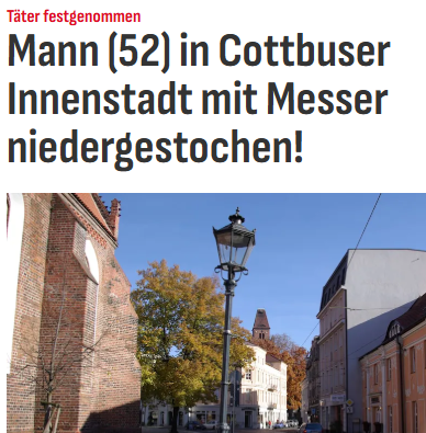 Taykra's tweet photo. #Cottbus: Polizei nimmt Syrer (17) fest: In der Innenstadt ist am Donnerstagnachmittag ein 52-jähriger Mann niedergestochen und schwer verletzt worden.„Nach bisherigen Erkenntnissen wurde der Mann mit einer Stichwunde von Passanten gefunden.“ https://t.co/0fTmLVM8R2 https://t.co/ghJwjY34xW