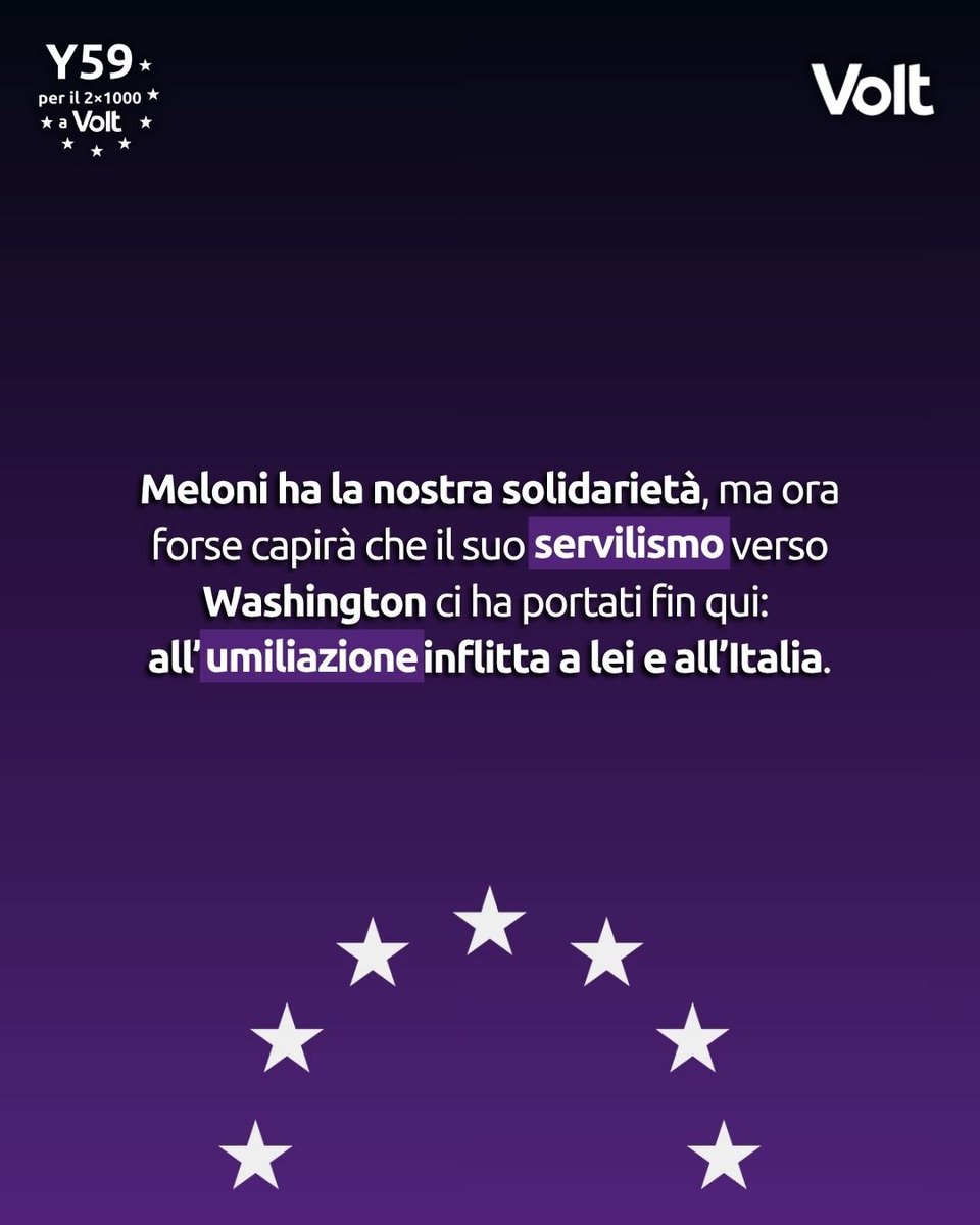 VoltItalia's tweet photo. Le parole di Donald Trump contro Giorgia Meloni mostrano il prezzo della nostra dipendenza dagli Stati Uniti d’America: nessun rispetto, solo subordinazione.
L’Italia sarà davvero sovrana solo dentro un’Unione Europea Federale, autonoma e capace di parlare a Washington alla pari. https://t.co/MEudRiBRL6