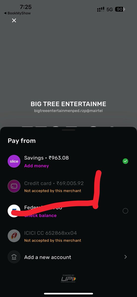 susmit1999's tweet photo. @slicebank @slice_cares 
How am I supposed to use BookMyShow Spark if the merchant doesn't accept slice credit card upi payments ?? Kindly requesting you to follow up with the merchant and resolve this issue. https://t.co/RX82eUjOJ6