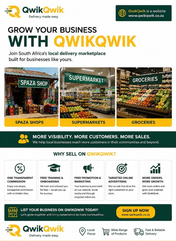 QwikQwikSA's tweet photo. Grow your business with QwikQwik 🚀

We connect Spaza Shops, supermarkets &amp; grocery stores to more customers through fast, reliable delivery 📦⚡

Increase reach, boost sales, and move stock faster—without extra hassle 🏪📈

Join QwikQwik and take your business further 🤝 https://t.co/3bTdan62cj